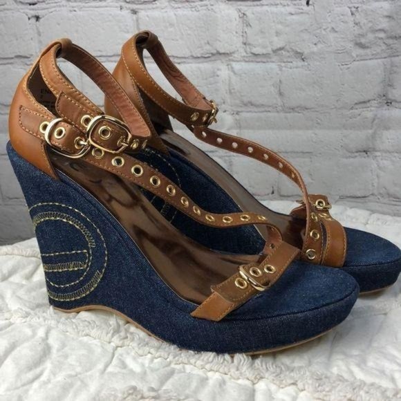 Enyce Shoes - Enyce. Denim wedge with brown leather straps 8
